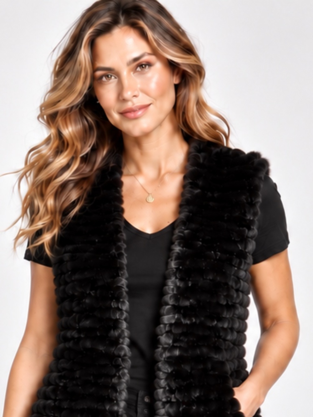 Adrienne Landau Black Stylish Fun Fur Vest with Pockets L